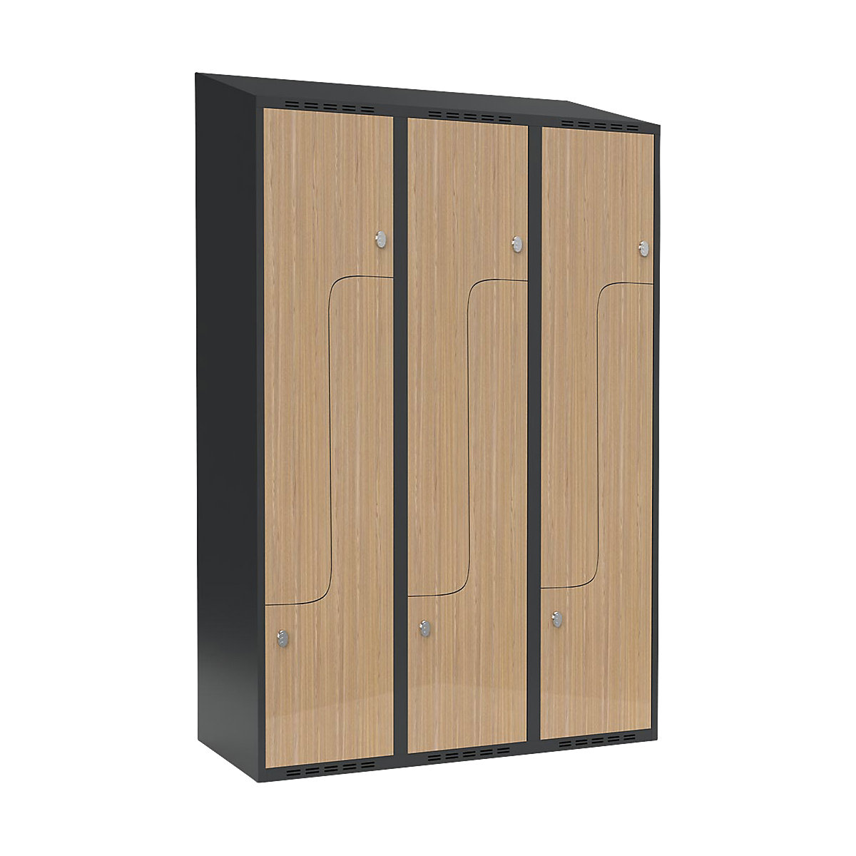 Szafka typu L Fydor, 3 przedziały, szara / dąb, szer. 1200 mm, 3 przedziały, spadzista góra, kłódka-0