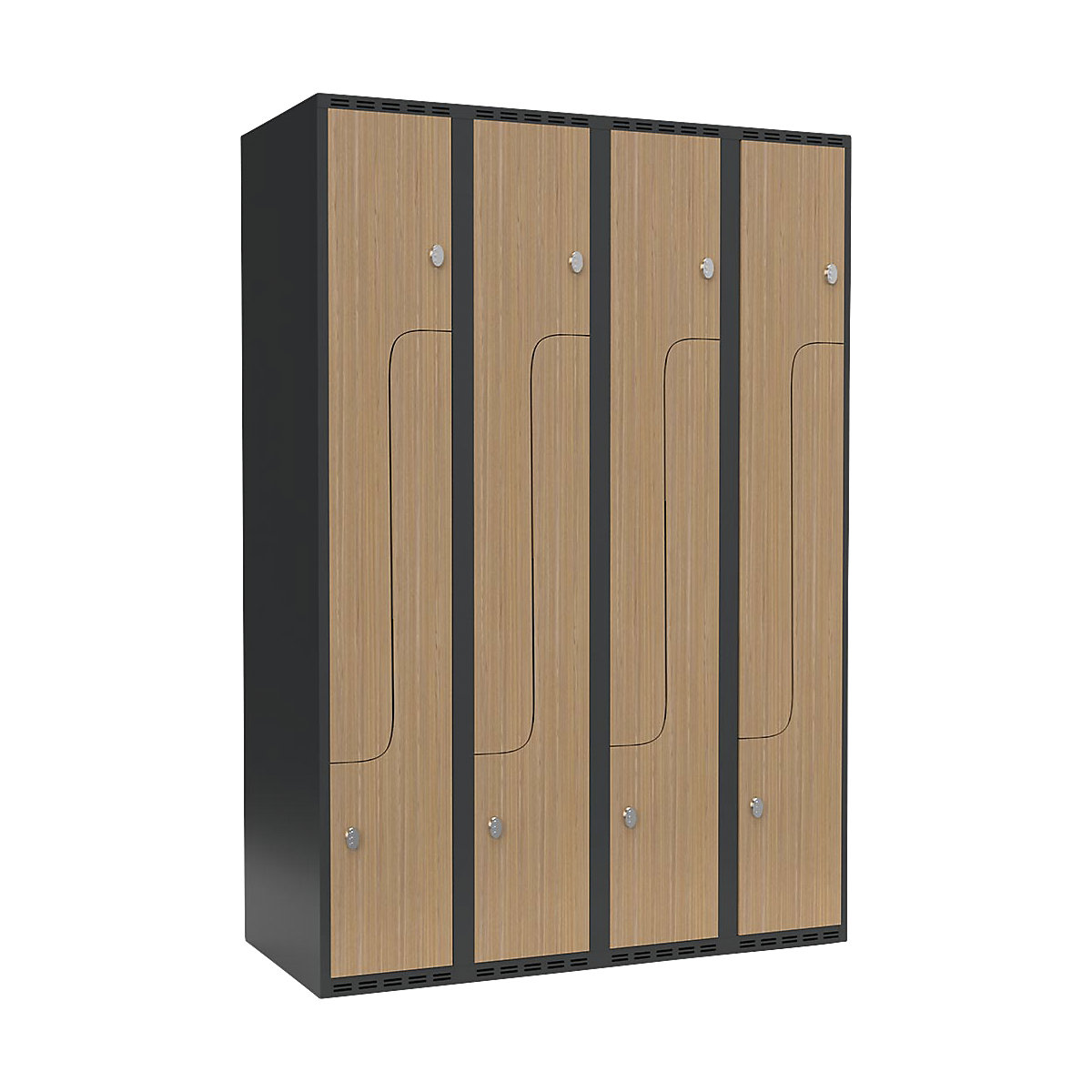 Szafka typu L Fydor, 4 przedziały, szara / dąb, szer. 1200 mm, 4 przedziały, płaska góra, kłódka-0