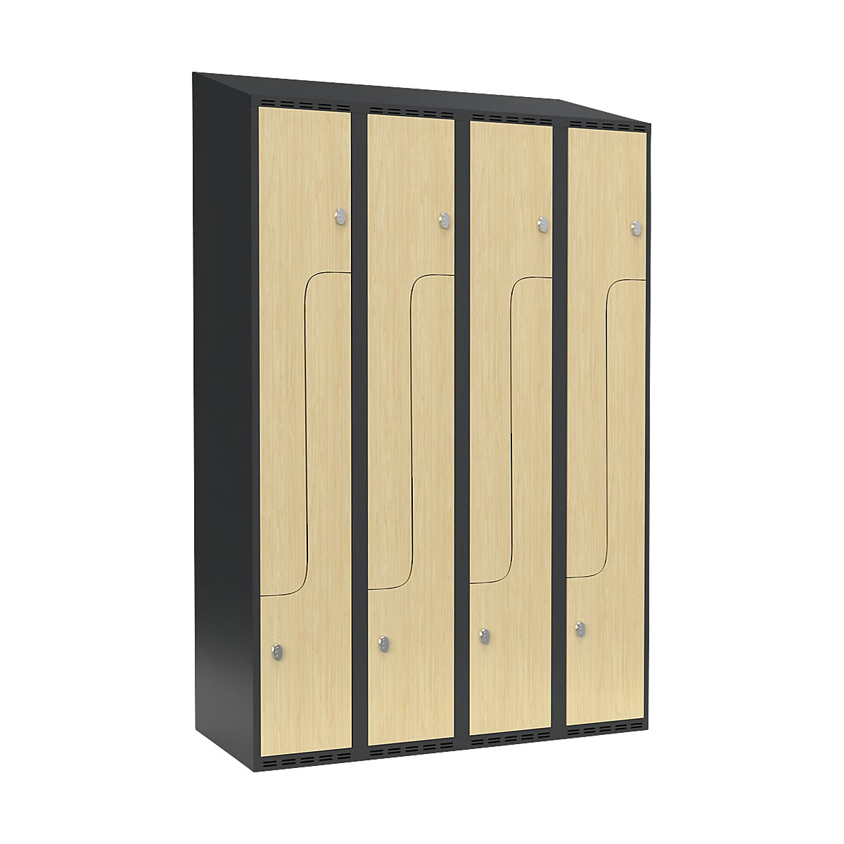 Szafka typu L Fydor, 4 przedziały, szara / brzoza, szer. 1200 mm, 4 przedziały, spadzista góra, kłódka-0