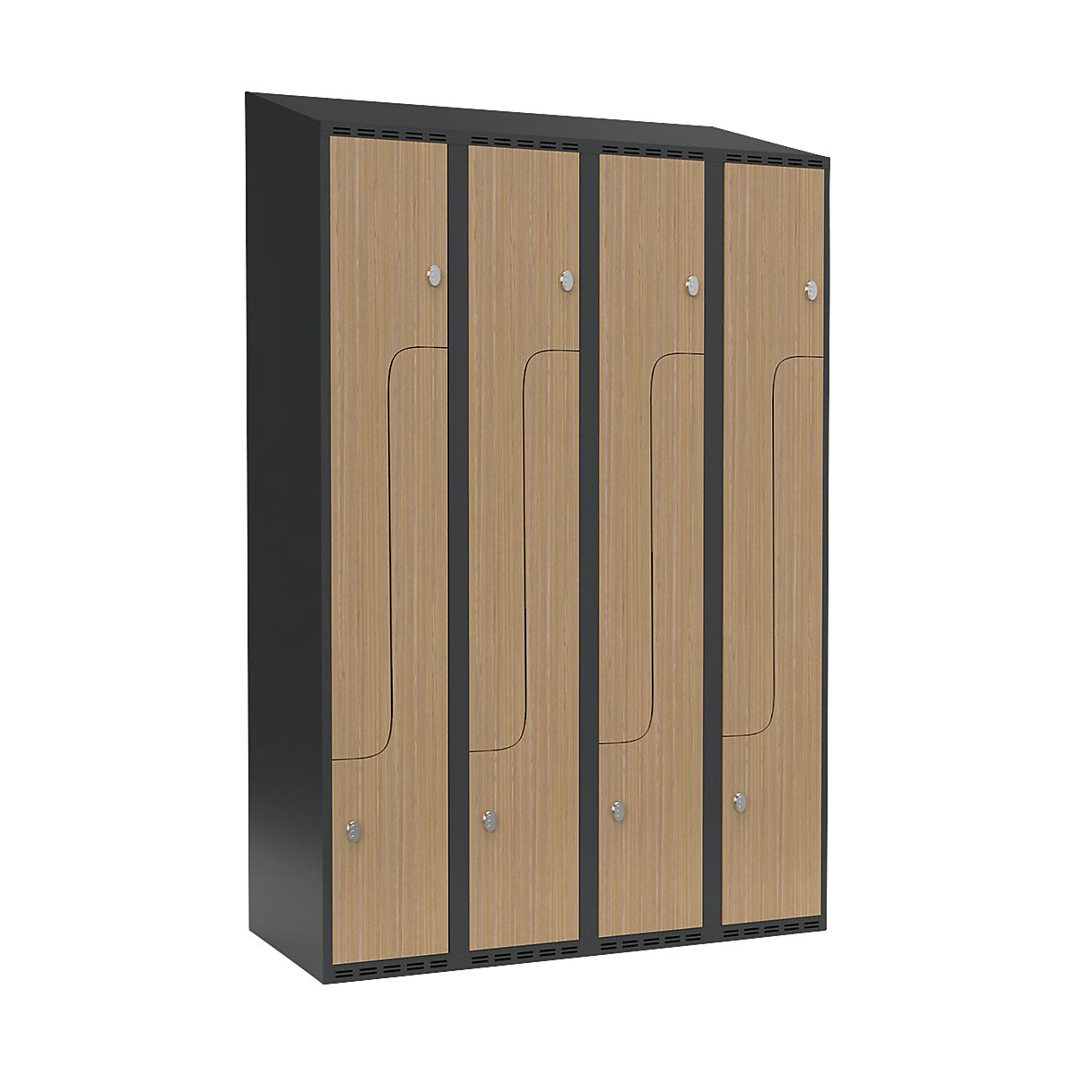 Szafka typu L Fydor, 4 przedziały, szara / dąb, szer. 1200 mm, 4 przedziały, spadzista góra, kłódka-0
