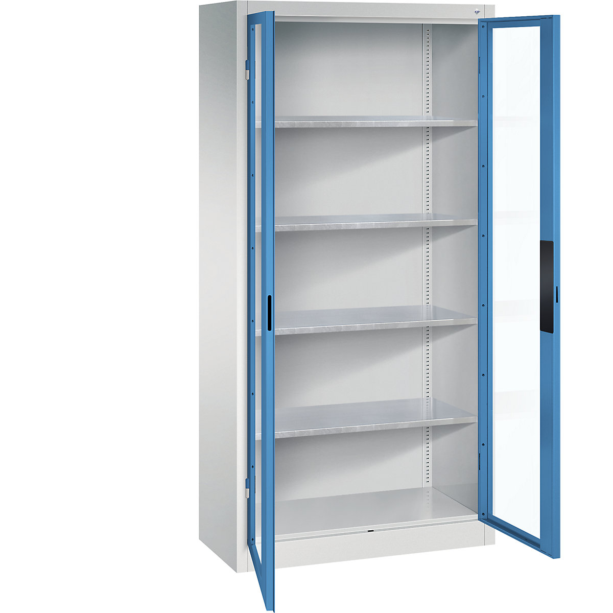 Szafka z drzwiami skrzydłowymi, z okienkami – C+P, wys. x szer. x głęb. 1950 x 930 x 400 mm, 4 półki, jasnoszara / jasnoniebieska-0