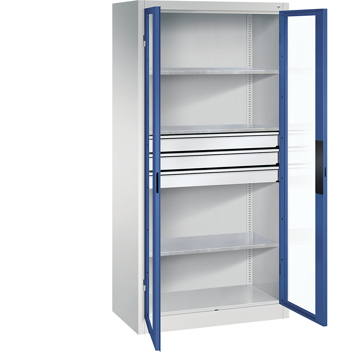 Szafka z drzwiami skrzydłowymi, z okienkami – C+P, wys. x szer. x głęb. 1950 x 930 x 500 mm, 3 półki, 3 szuflady, jasnoszara / niebieski gencjanowy-0