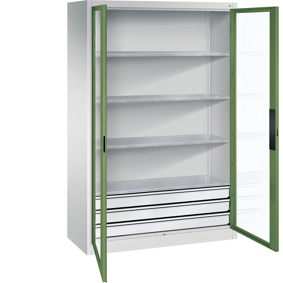 Szafka z drzwiami skrzydłowymi, z okienkami – C+P, wys. x szer. x głęb. 1950 x 1200 x 500 mm, 4 półki, 3 szuflady, jasnoszara / rezedowo-zielona-0
