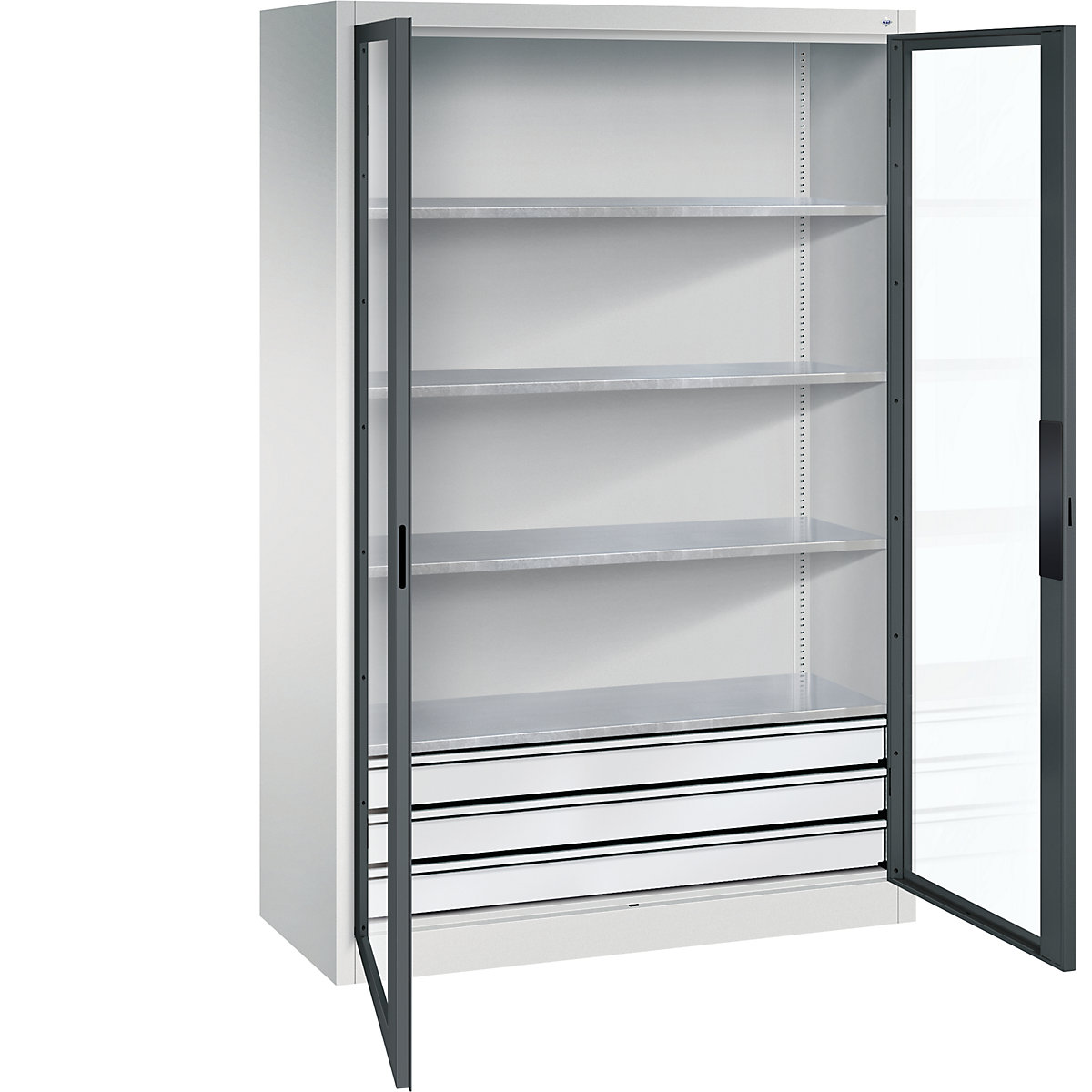 Szafka z drzwiami skrzydłowymi, z okienkami – C+P, wys. x szer. x głęb. 1950 x 1200 x 500 mm, 4 półki, 3 szuflady, jasnoszara / antracytowo-szara-0