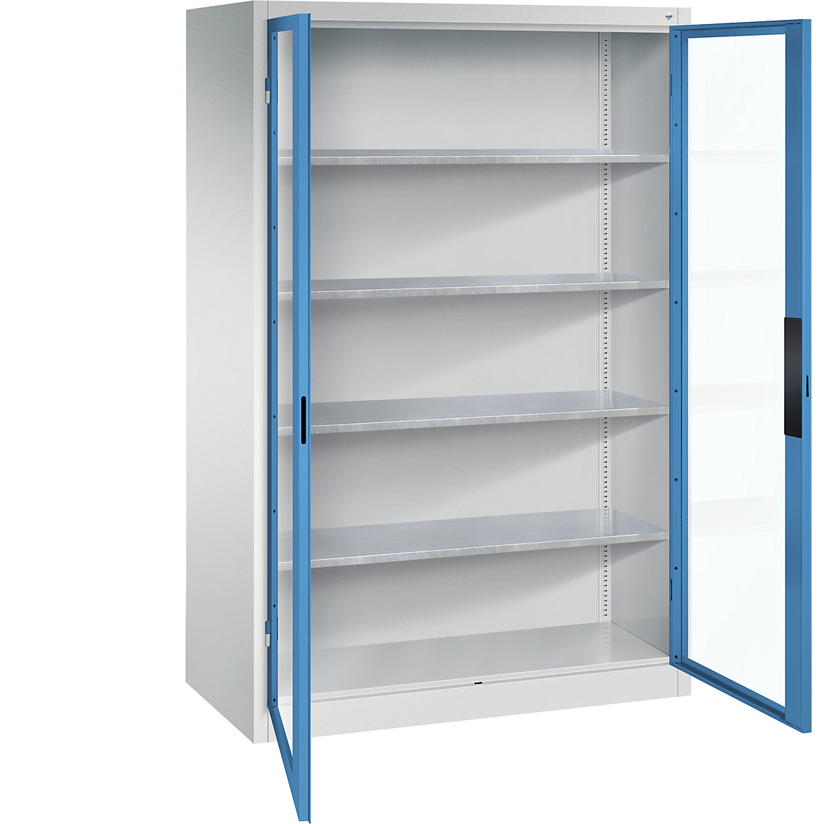 Szafka z drzwiami skrzydłowymi, z okienkami – C+P, wys. x szer. x głęb. 1950 x 1200 x 600 mm, 4 półki, jasnoszara / jasnoniebieska-0