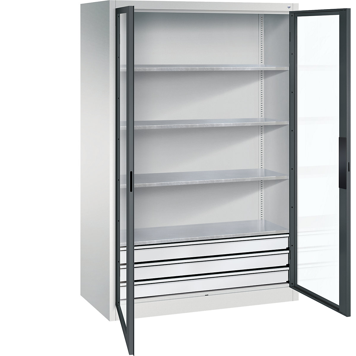 Szafka z drzwiami skrzydłowymi, z okienkami – C+P, wys. x szer. x głęb. 1950 x 1200 x 600 mm, 4 półki, 3 szuflady, jasnoszara / antracytowo-szara-0