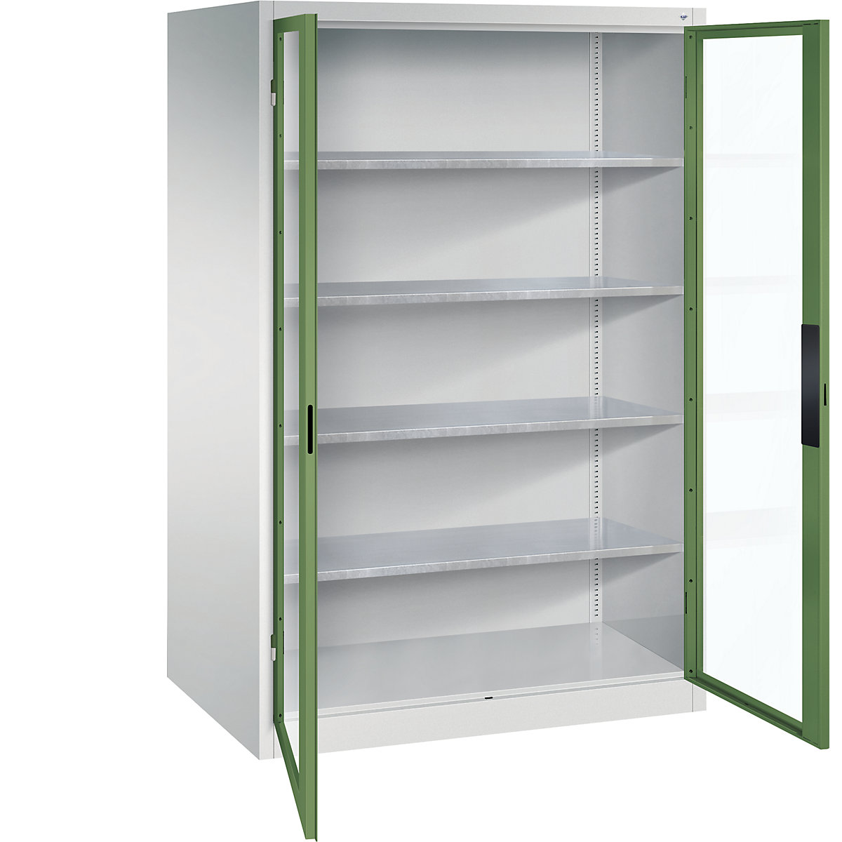 Szafka z drzwiami skrzydłowymi, z okienkami – C+P, wys. x szer. x głęb. 1950 x 1200 x 800 mm, 4 półki, jasnoszara / rezedowo-zielona-0