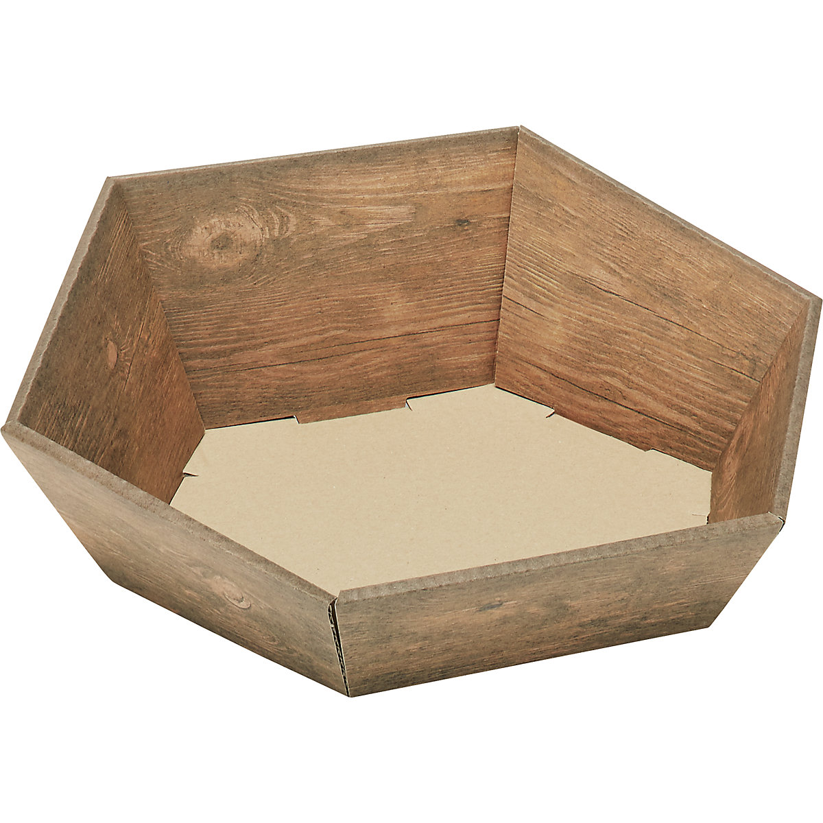 Präsentkorb ratioform, 6-eckig, Holzoptik, Innenmaße 340 x 345 mm, var. Höhe 67 – 120 mm, ab 8 Stk-1