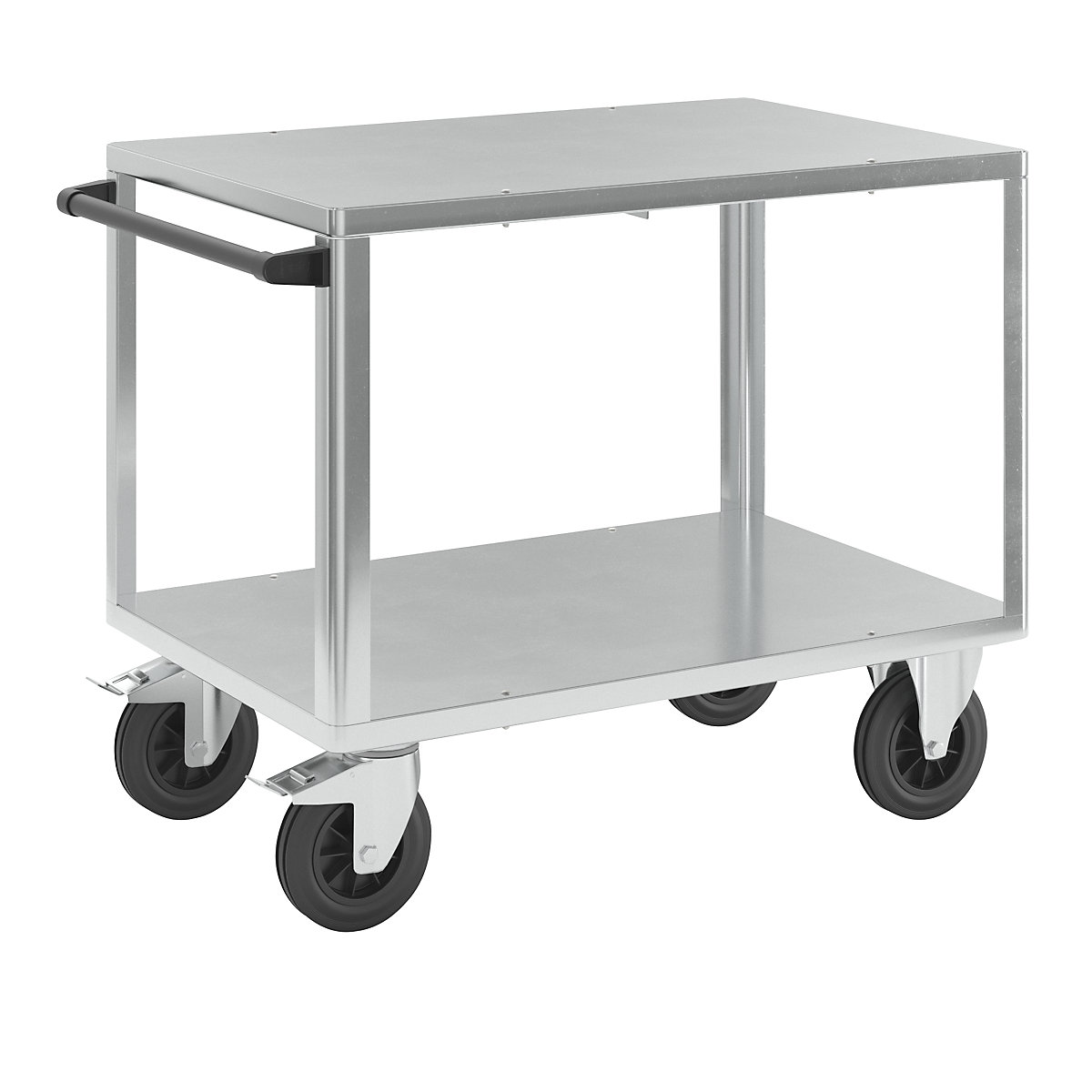 Assembly trolley – eurokraft pro, 2 shelves with zinc plated sheet steel covering, shelf 1050 x 700 mm, zinc plated frame-1