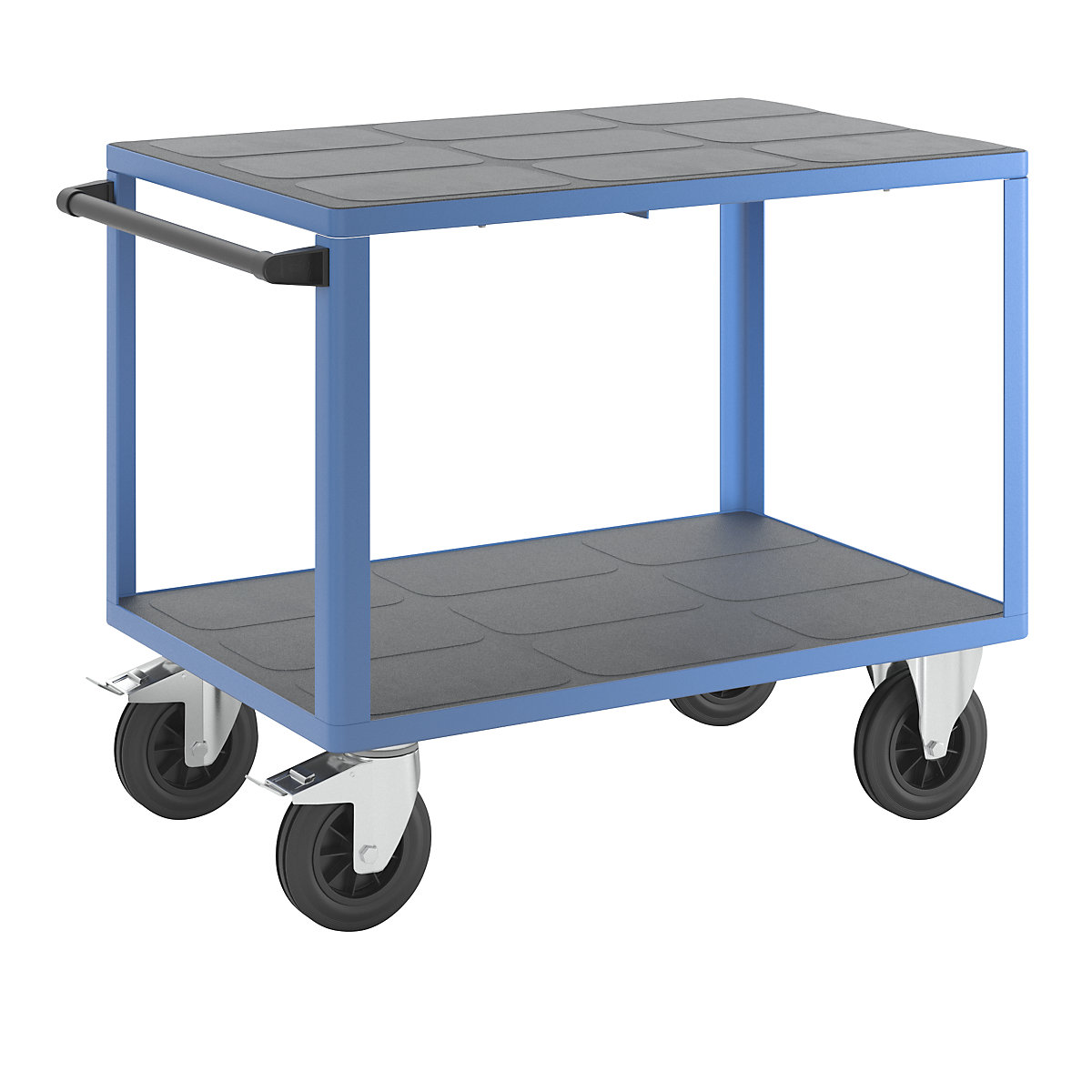 Assembly trolley – eurokraft pro, 2 plastic shelves, shelf 1050 x 700 mm, light blue frame-1