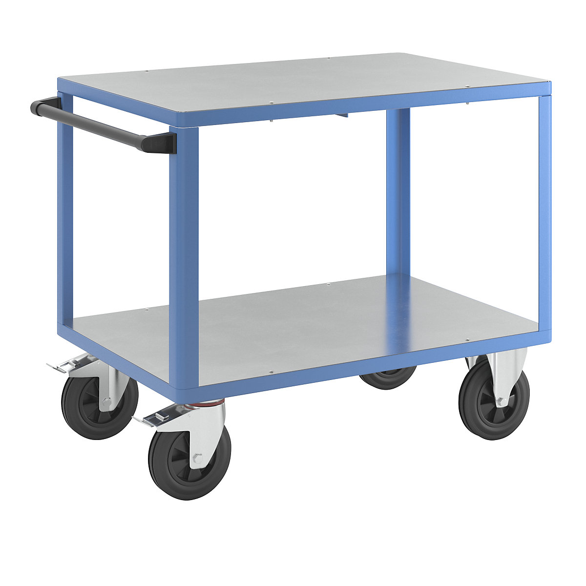 Assembly trolley – eurokraft pro, 2 shelves with zinc plated sheet steel covering, shelf 1050 x 700 mm, light blue frame-2