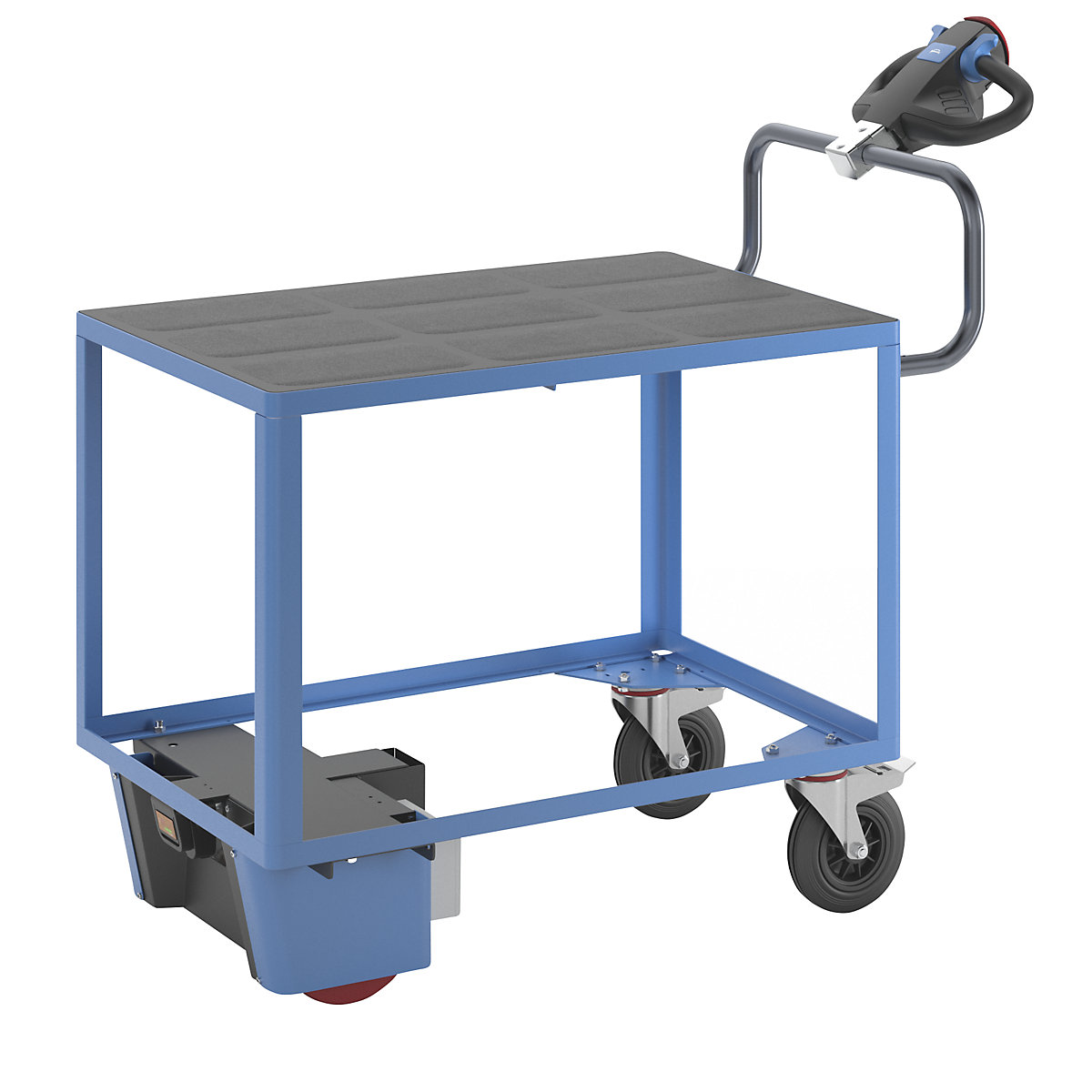 Assembly trolley with electric drive – eurokraft pro, 1 shelf made of plastic, LxWxH 1470 x 700 x 1300 mm, blue-1
