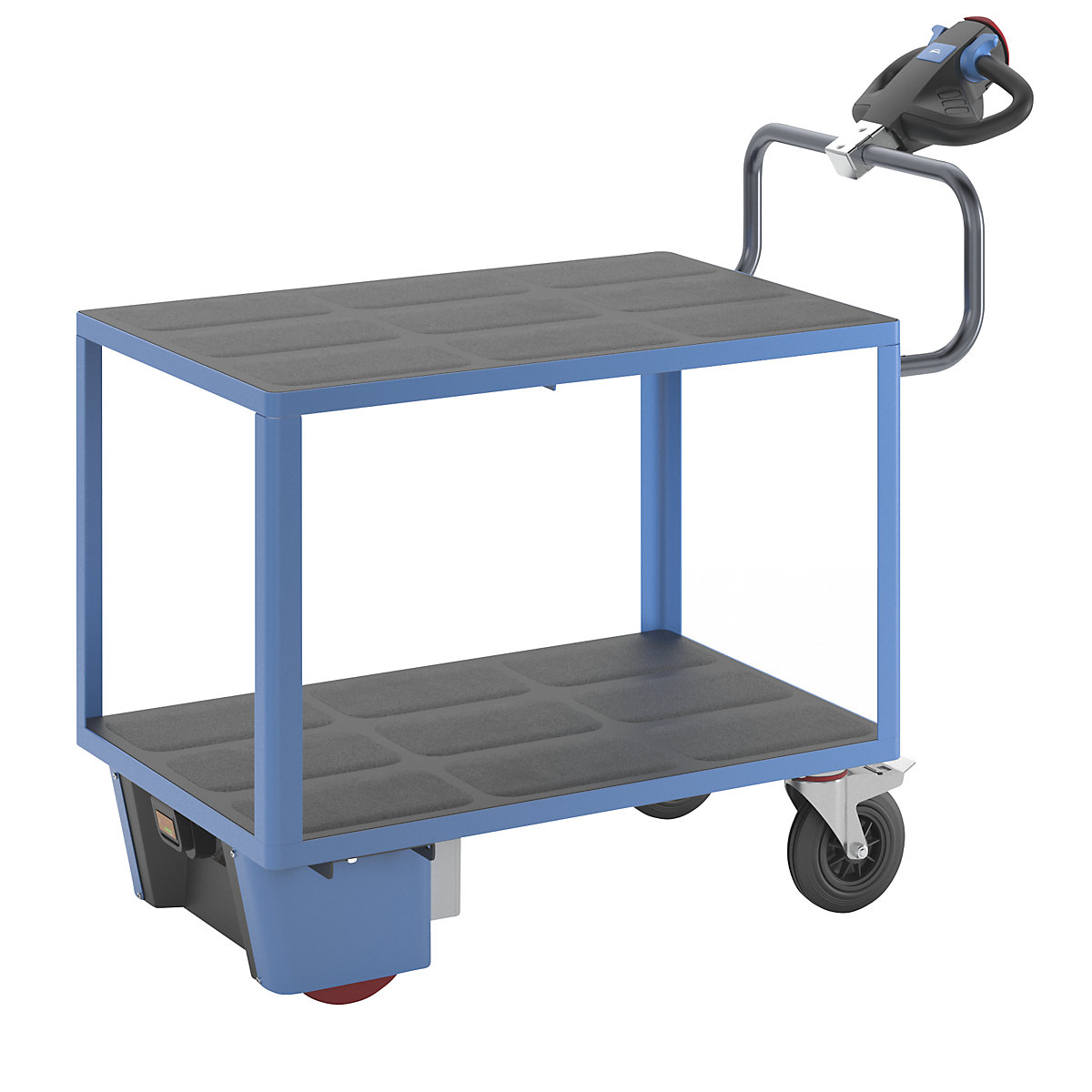 Assembly trolley with electric drive – eurokraft pro, 2 shelves made of plastic, LxWxH 1470 x 700 x 1300 mm, blue-1