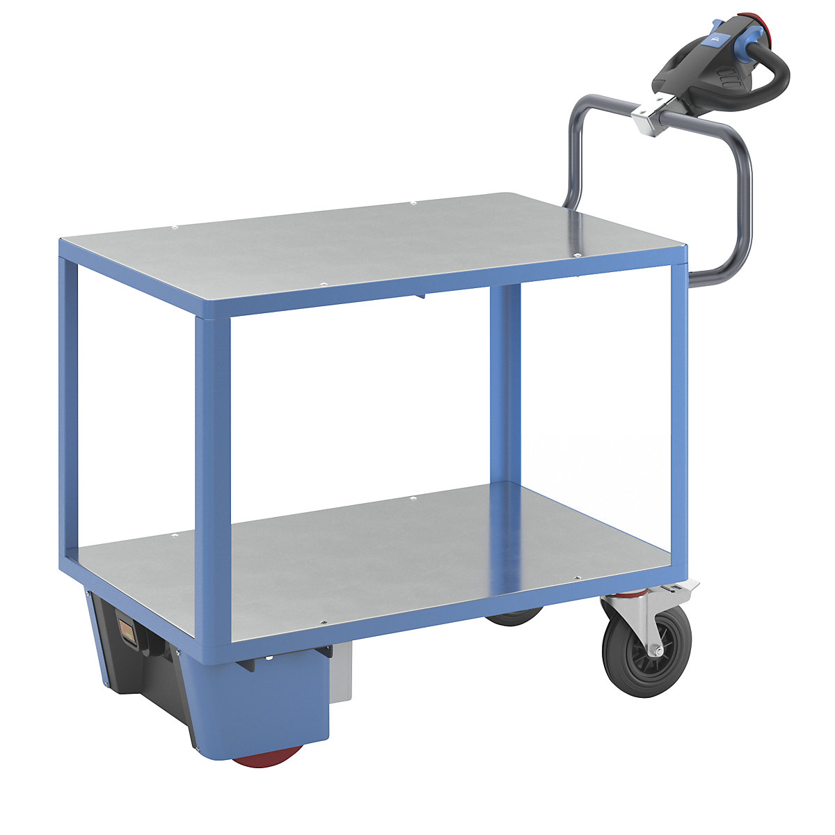 Assembly trolley with electric drive – eurokraft pro, 2 zinc plated shelves, LxWxH 1470 x 700 x 1300 mm, blue-2