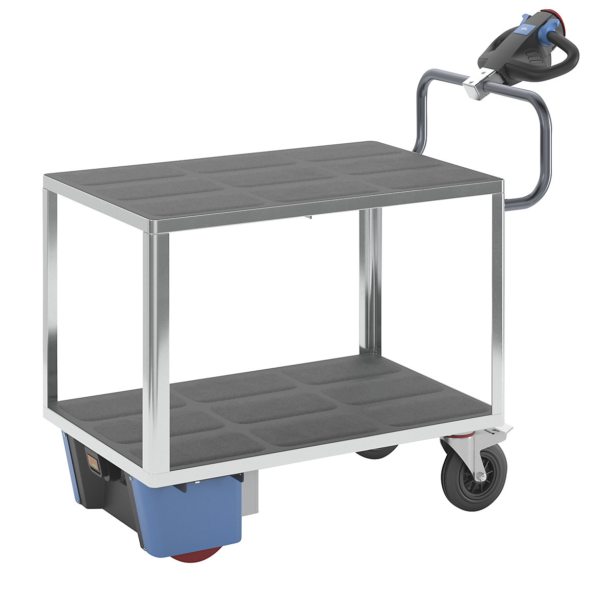 Assembly trolley with electric drive – eurokraft pro, 2 shelves made of plastic, LxWxH 1470 x 700 x 1300 mm, zinc plated-3