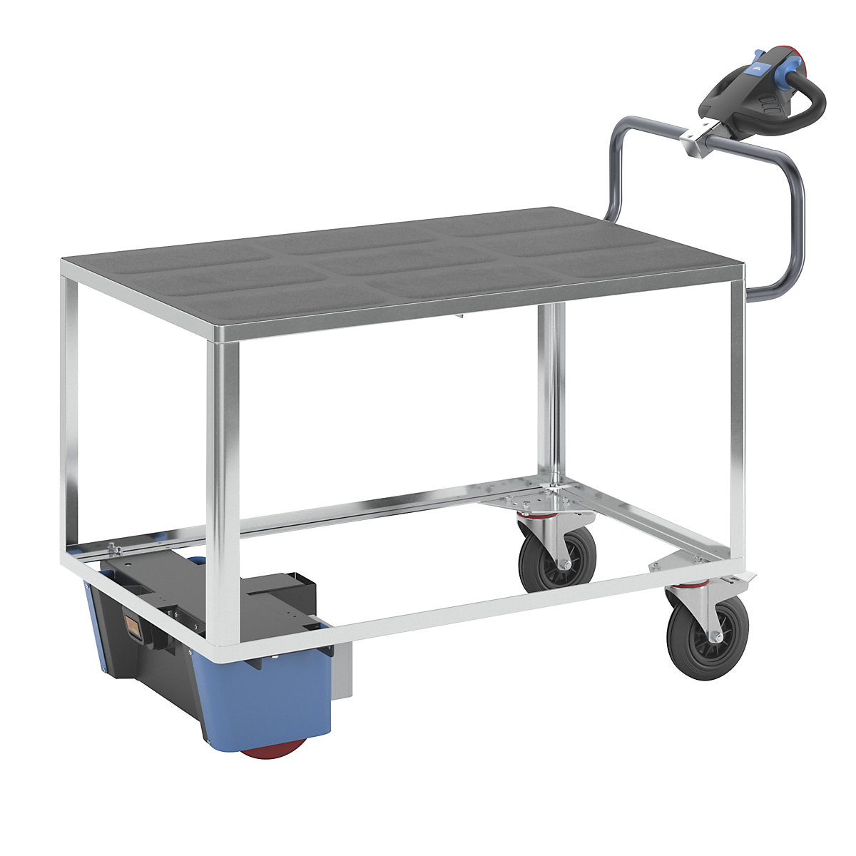 Assembly trolley with electric drive – eurokraft pro, 1 shelf made of plastic, LxWxH 1670 x 800 x 1300 mm, zinc plated-3