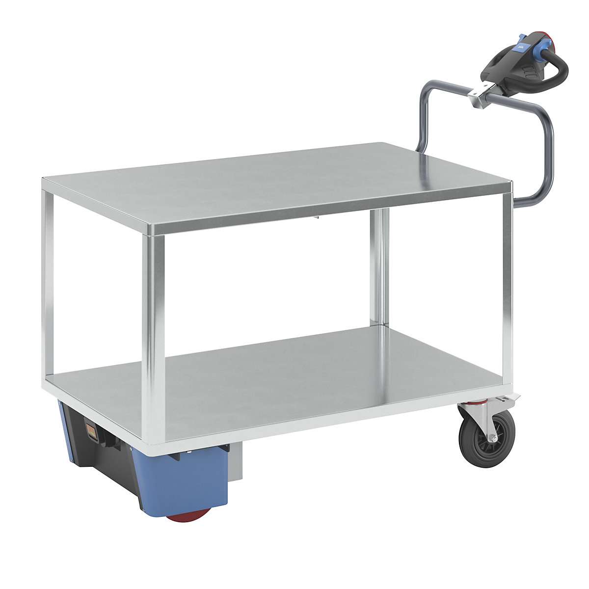 Assembly trolley with electric drive – eurokraft pro, 2 zinc plated shelves, LxWxH 1670 x 800 x 1300 mm, zinc plated-1