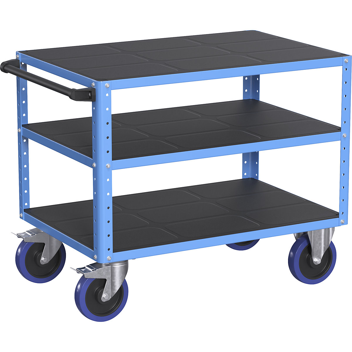 CustomLine assembly trolley – eurokraft pro, 3 shelves, light blue, fully elastic tyres-1
