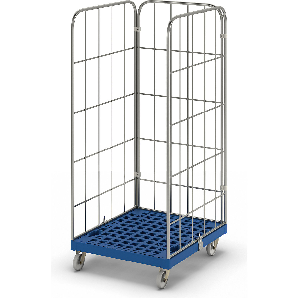 MODULAR roll container, plastic transport dolly, mesh on 3 sides, dark blue dolly-6