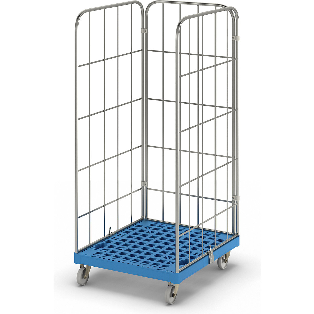MODULAR roll container, plastic transport dolly, mesh on 3 sides, light blue dolly-9