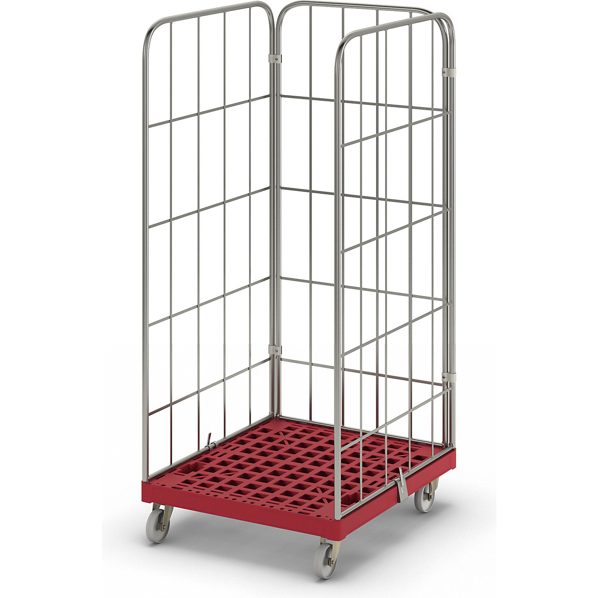 MODULAR roll container, plastic transport dolly, mesh on 3 sides, red dolly-2