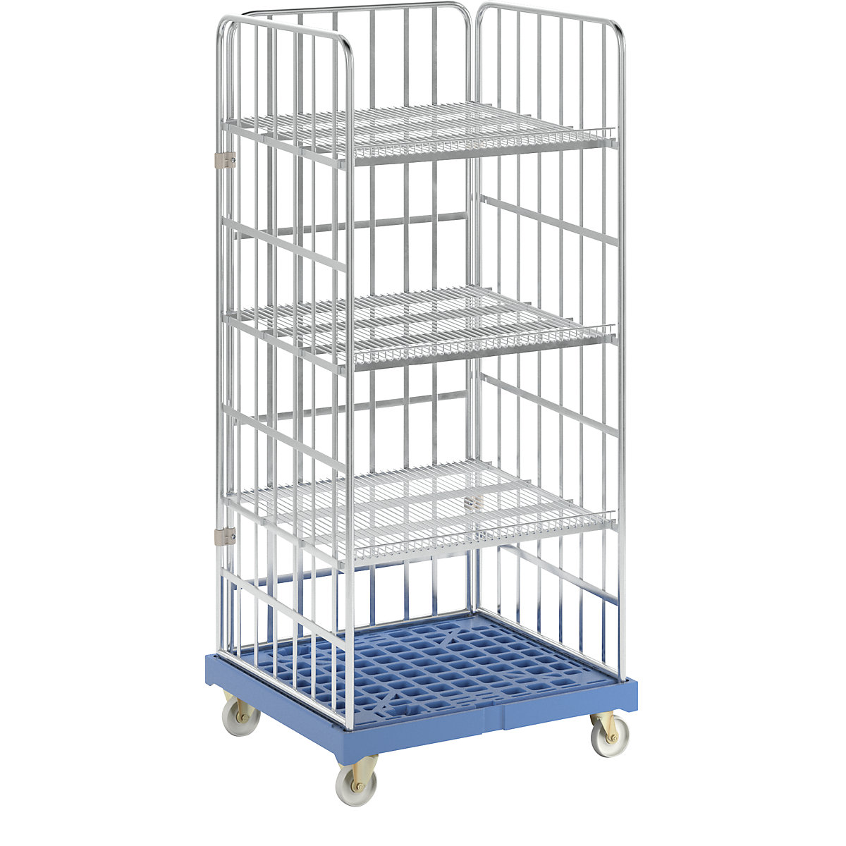 Roll cage incl. shelves, plastic transport base, light blue dolly-2