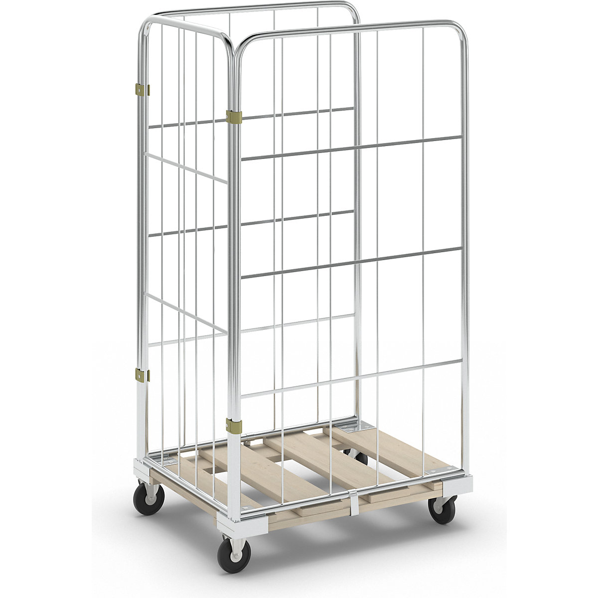 Roll container with mesh panels, wooden transport dolly, 3-sided, HxW 1520 x 640 mm-2