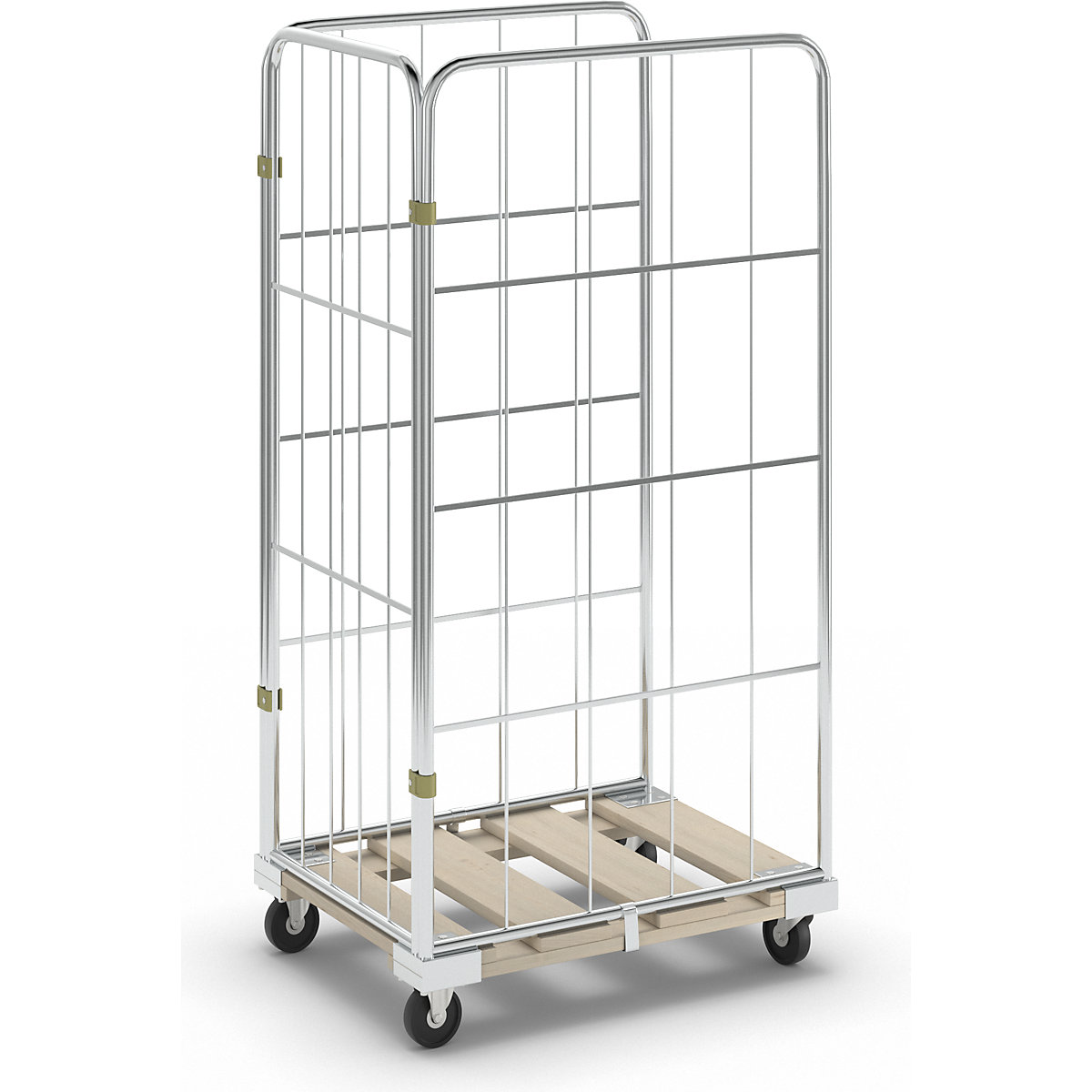 Roll container with mesh panels, wooden transport dolly, 3-sided, HxW 1620 x 640 mm-3