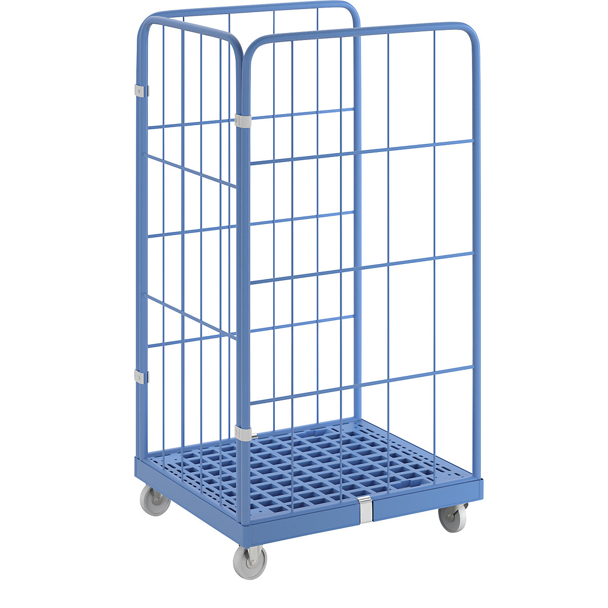 Roll container with mesh panels, plastic transport dolly, 3-sided, powder coated mesh-1