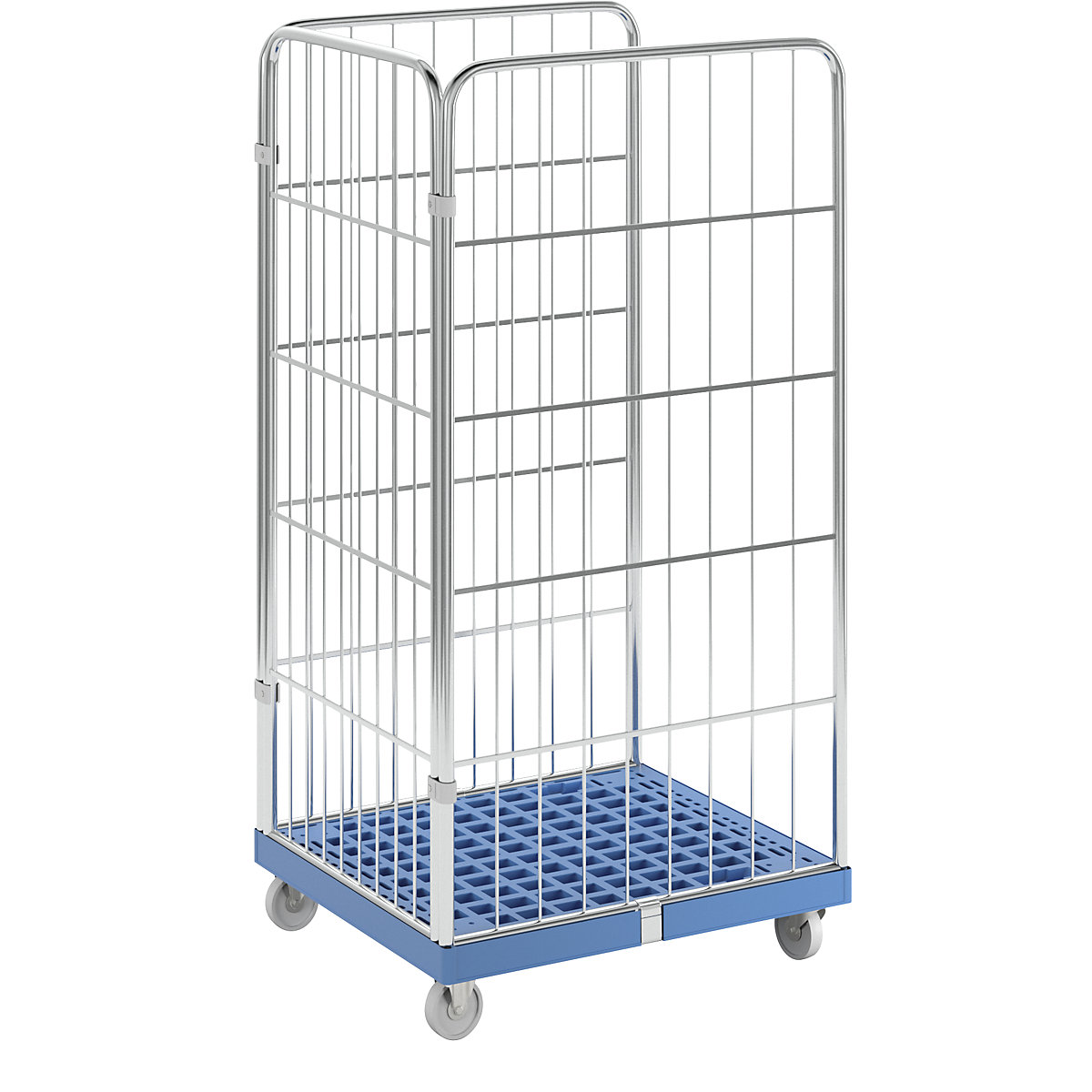 Roll container with mesh panels, plastic transport dolly, 3-sided, blue zinc plated mesh, with inclined shelf support-2