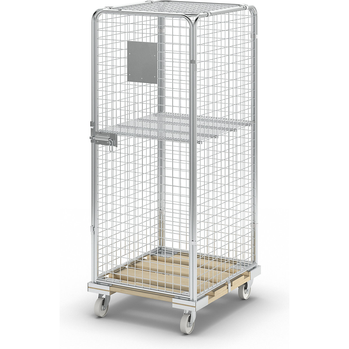 Security roll container with wooden dolly, effective height 1585 mm, with 1 door, 1 wire mesh intermediate shelf-1