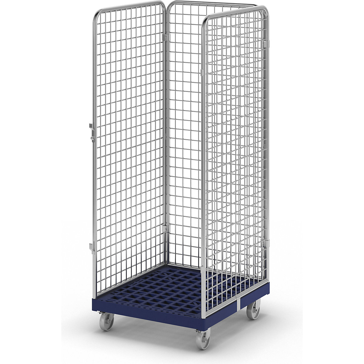 Wire mesh container with plastic dolly, 3-sided, effective height 1585 mm-1