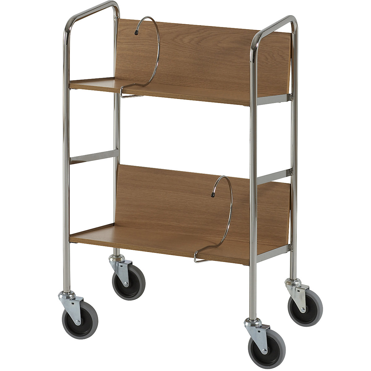 File trolley, chrome plated – HelgeNyberg, 2 shelves, LxWxH 550 x 340 x 840 mm, oak finish, 5+ items-18