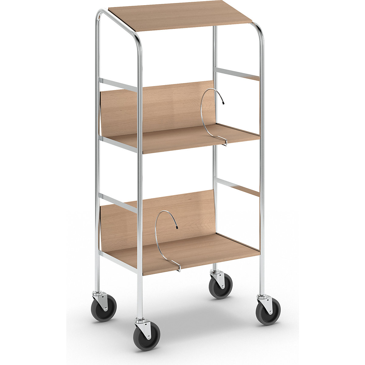 File trolley with top shelf, chrome plated – HelgeNyberg, 3 shelves, LxWxH 550 x 340 x 1060 mm, beech finish-2