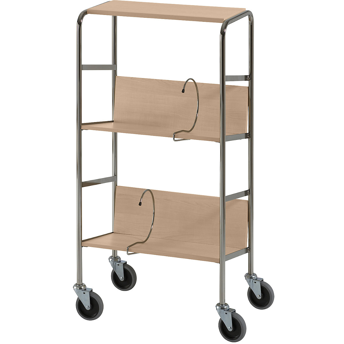 File trolley with top shelf, chrome plated – HelgeNyberg, 3 shelves, LxWxH 550 x 340 x 1060 mm, beech finish, 5+ items-7
