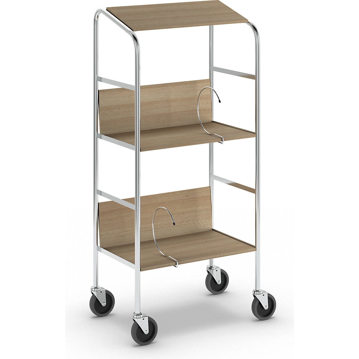 File trolley with top shelf, chrome plated – HelgeNyberg, 3 shelves, LxWxH 550 x 340 x 1060 mm, birch finish-5