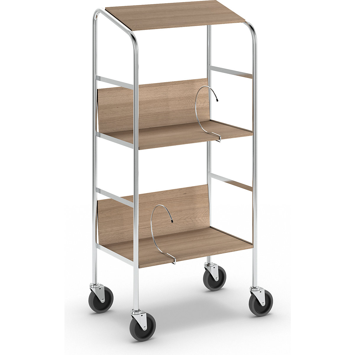 File trolley with top shelf, chrome plated – HelgeNyberg, 3 shelves, LxWxH 550 x 340 x 1060 mm, oak finish-4