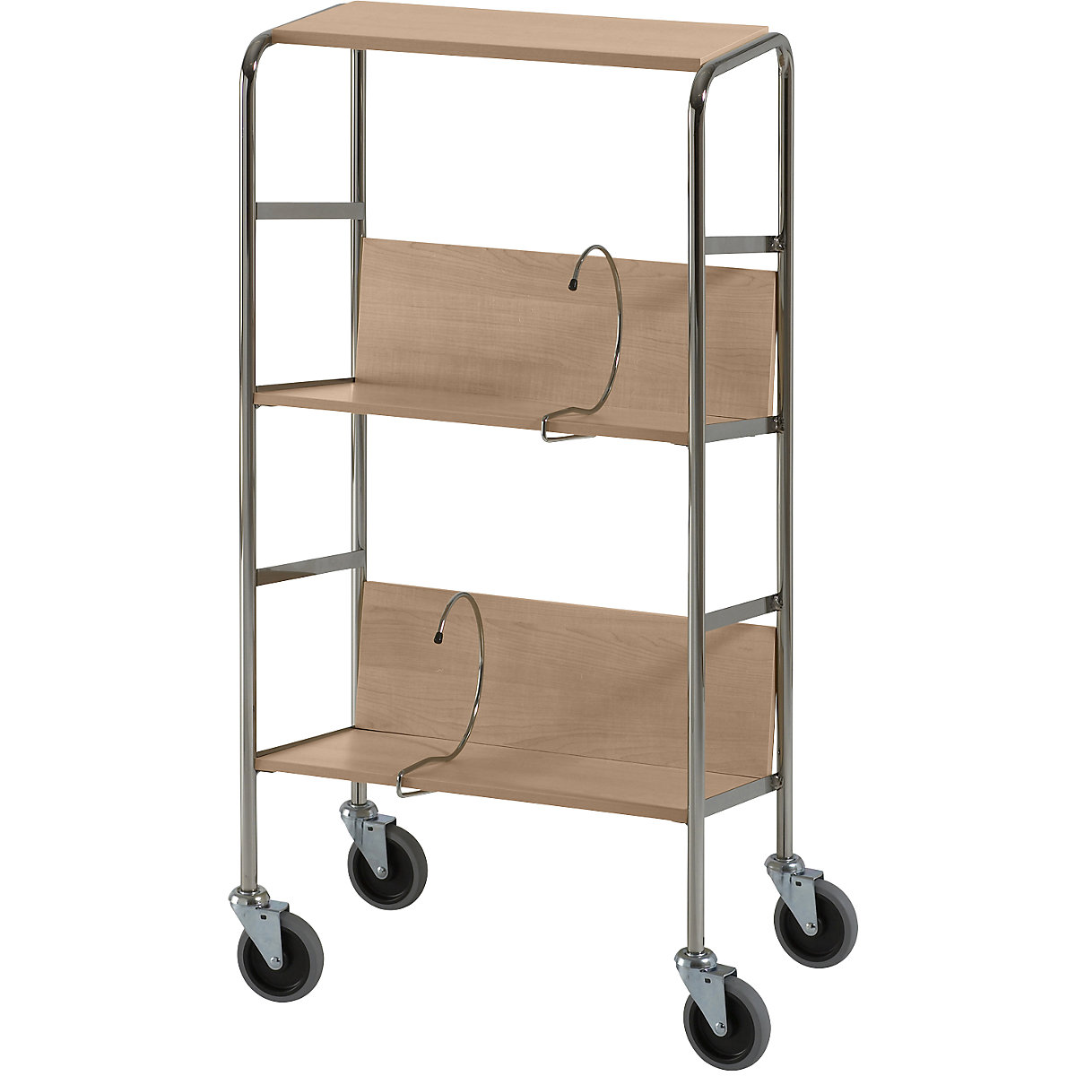 File trolley with top shelf, chrome plated – HelgeNyberg, 3 shelves, LxWxH 550 x 340 x 1060 mm, oak finish, 5+ items-27