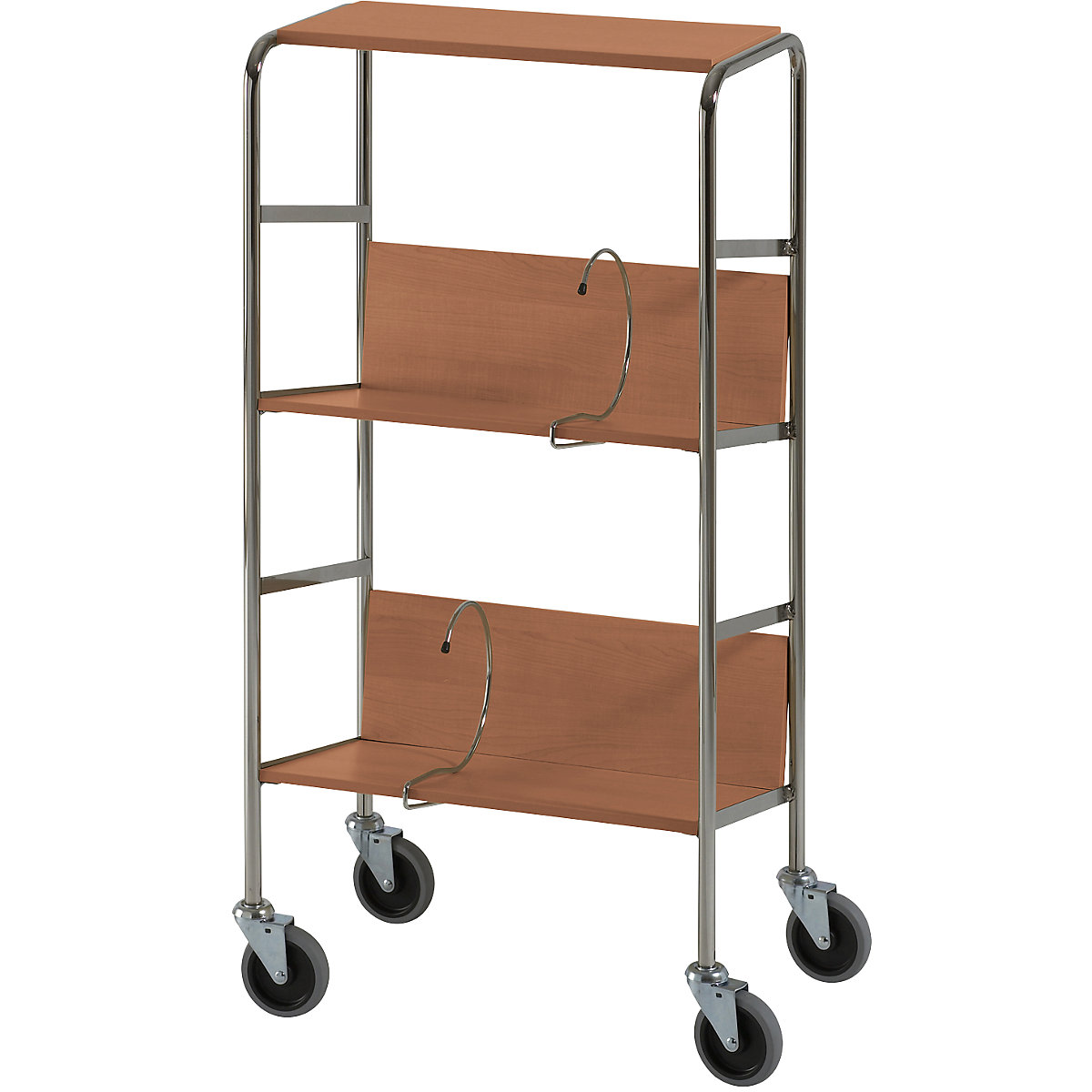 File trolley with top shelf, chrome plated – HelgeNyberg, 3 shelves, LxWxH 550 x 340 x 1060 mm, cherry finish, 5+ items-14