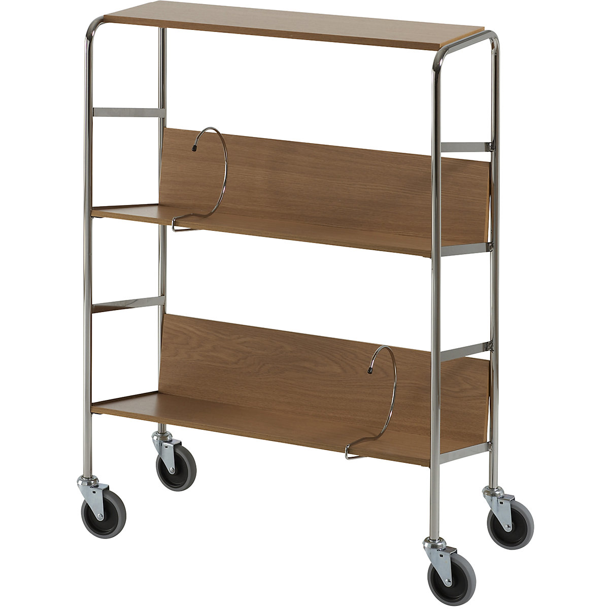 File trolley with top shelf, chrome plated – HelgeNyberg, 3 shelves, LxWxH 800 x 340 x 1060 mm, oak finish, 5+ items-2