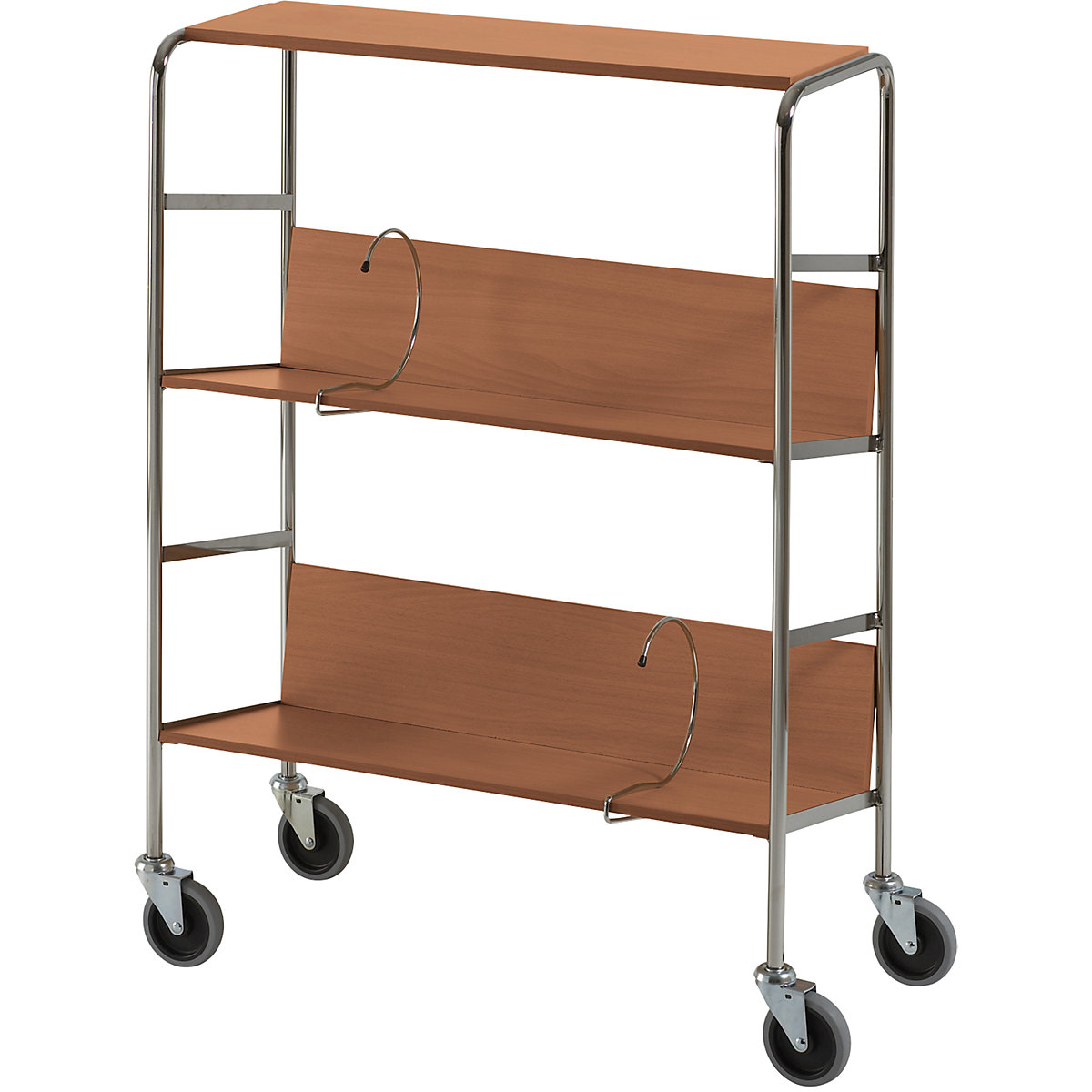 File trolley with top shelf, chrome plated – HelgeNyberg, 3 shelves, LxWxH 800 x 340 x 1060 mm, cherry finish, 5+ items-4