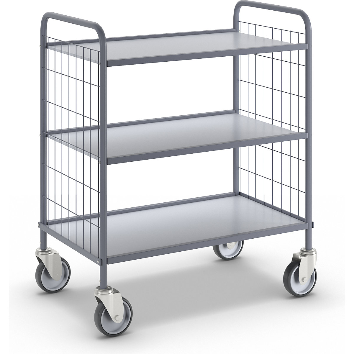 Office shelf trolley, max. load 150 kg, shelves / panels plastic coated in light grey, 3 shelves, 4 swivel castors-1