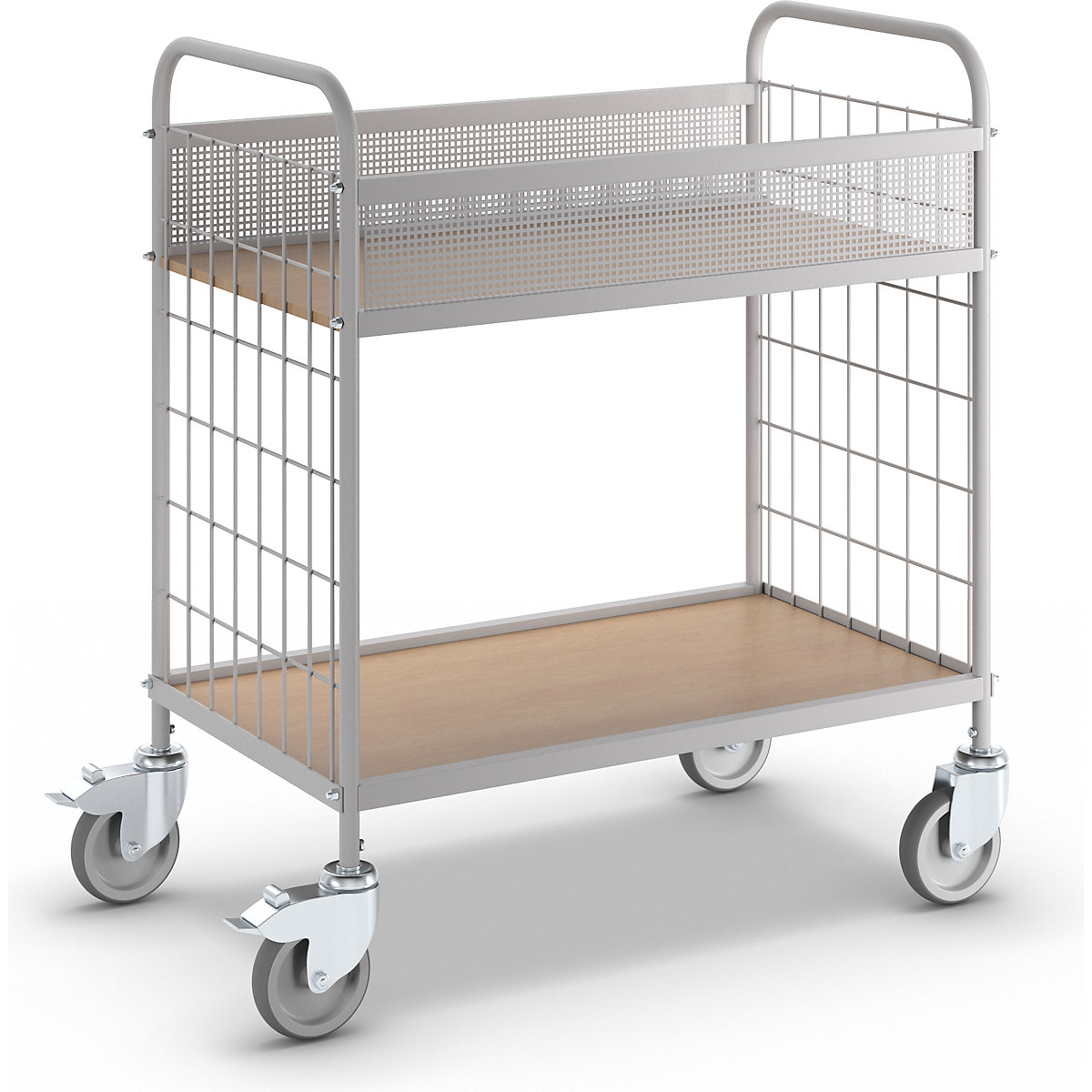 Office shelf trolley – eurokraft pro, max. load 150 kg, with 2 shelves, 4 swivel castors, 2 with double stops, wheel Ø 100 mm-1