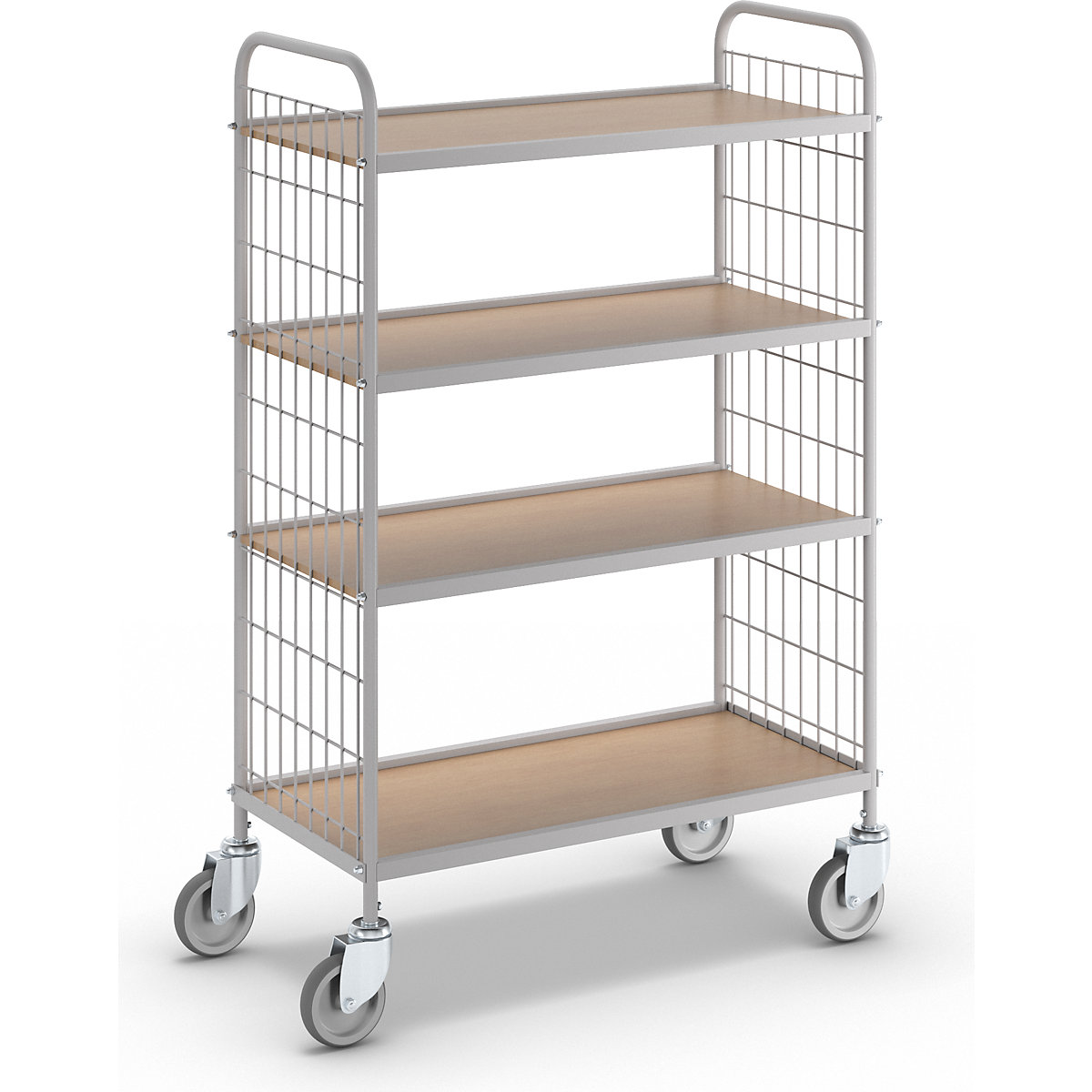 Office shelf trolley – eurokraft pro, height 1325 mm, with 4 shelves, 4 swivel castors, wheel Ø 100 mm-4