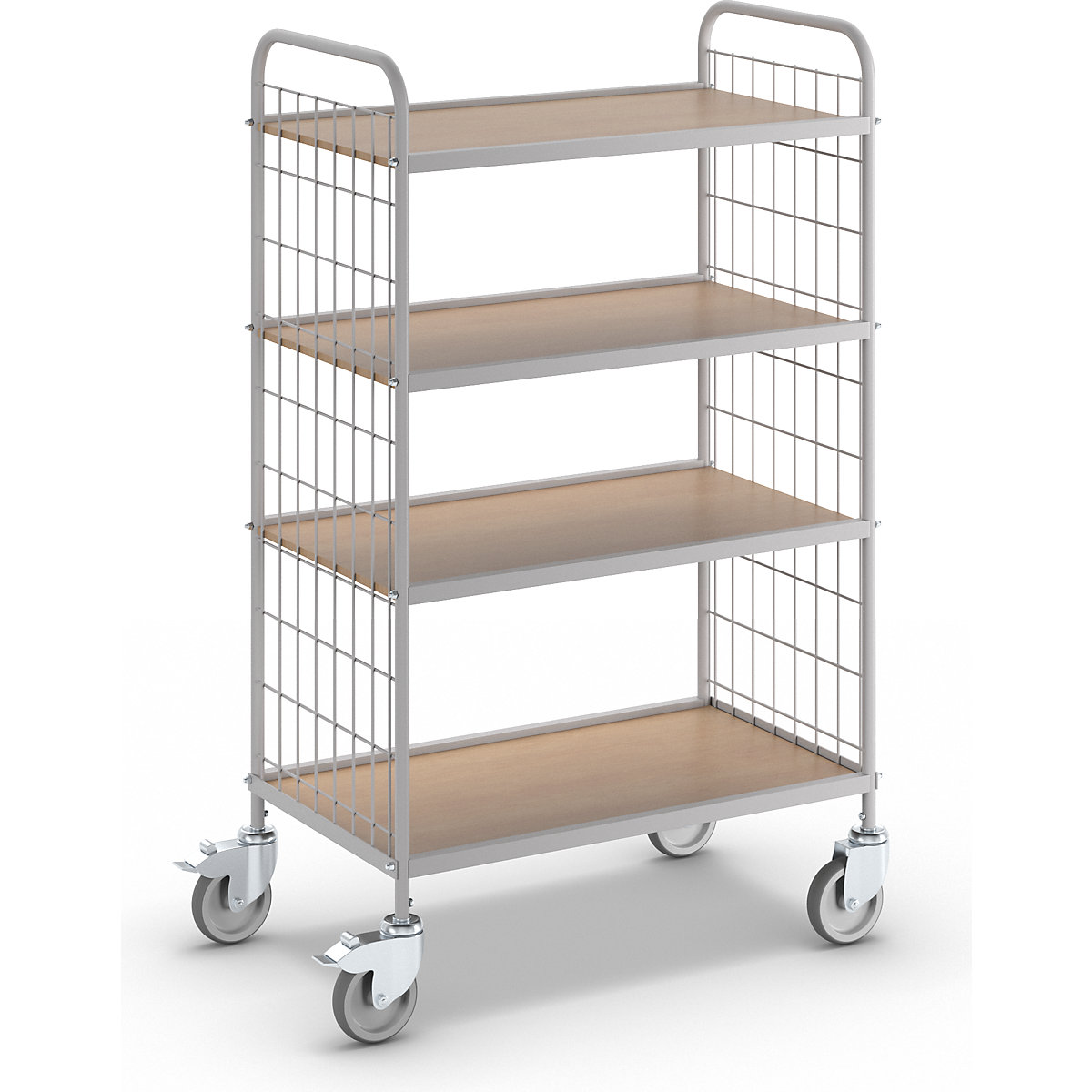 Office shelf trolley – eurokraft pro, height 1325 mm, with 4 shelves, 4 swivel castors, 2 with double stops, wheel Ø 100 mm-2