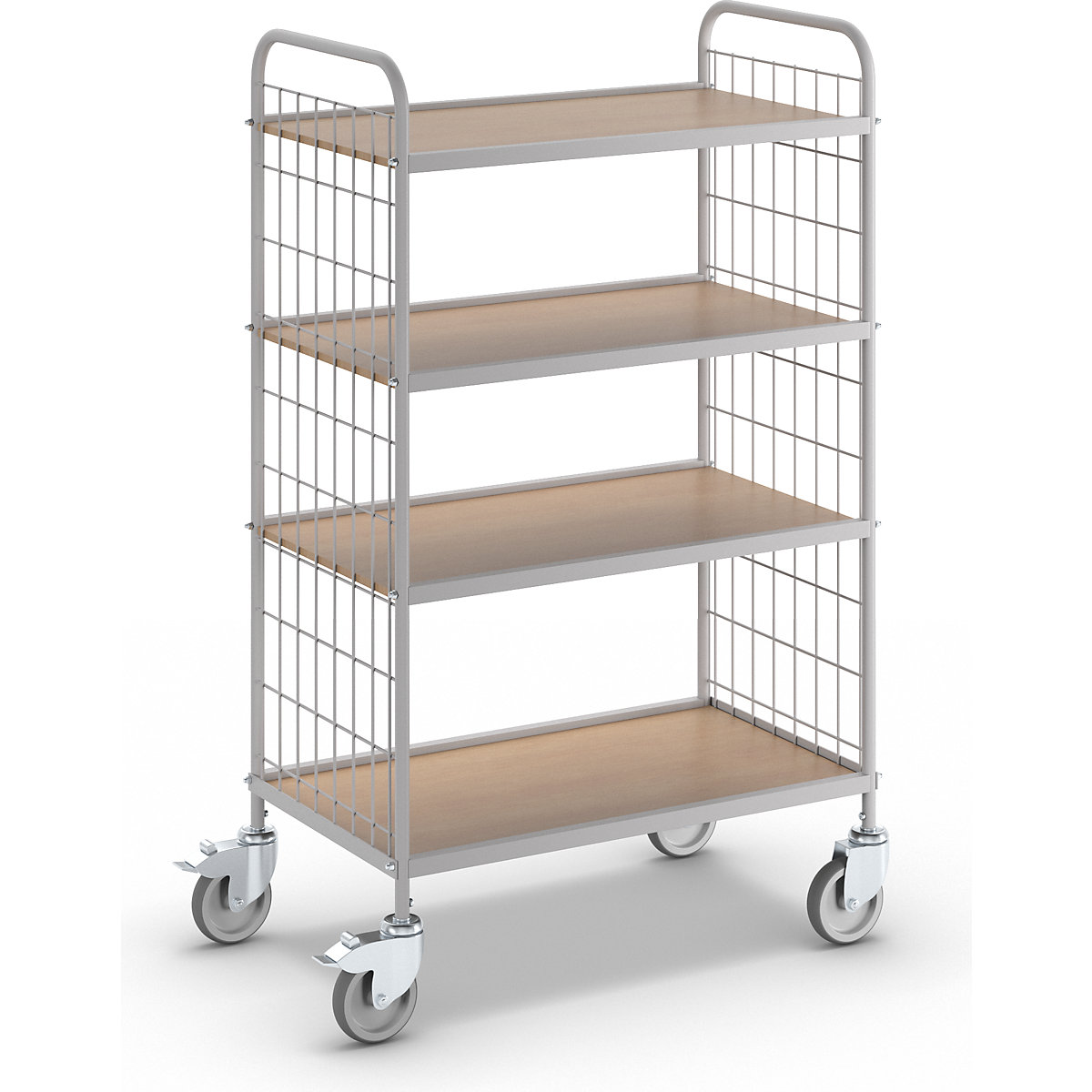 Office shelf trolley – eurokraft pro, height 1325 mm, with 4 shelves, 4 swivel castors, 2 with double stops, wheel Ø 125 mm-1