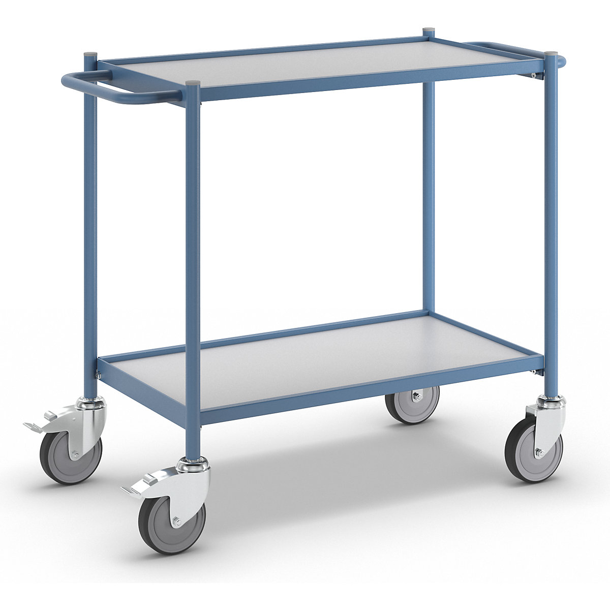 Table trolley, max. load 150 kg – eurokraft pro, with push handle, 2 shelves, 4 swivel castors, 2 with double stops-2