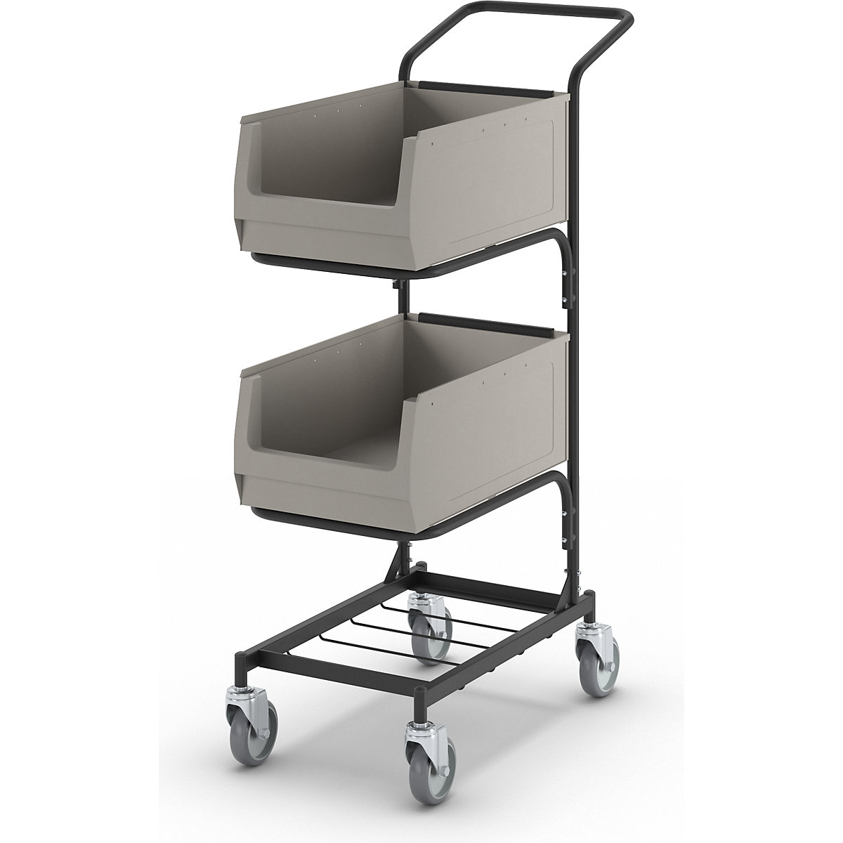 Assembly trolley, with 2 open fronted storage bins, jet black, fine structuring-1