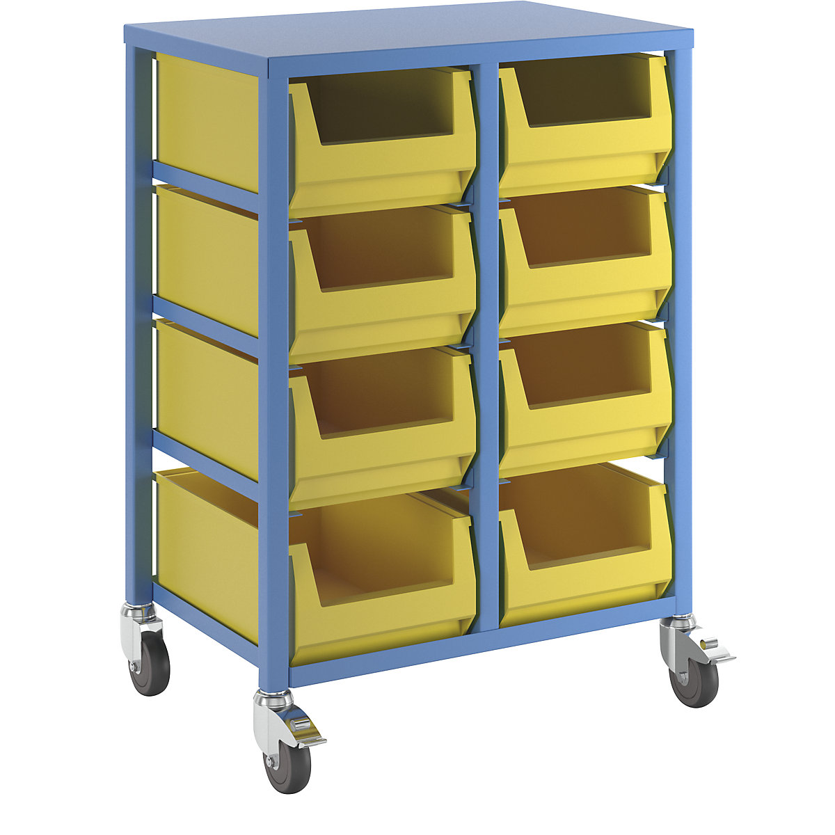 Order picking trolley – eurokraft pro, light blue RAL 5012, height 1050 mm, with 8 x 23 litre plastic containers-1