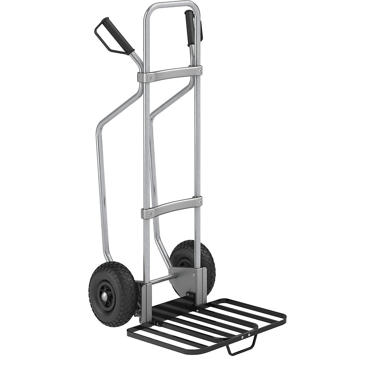 Sack truck with runners, zinc plated – eurokraft pro, parcel footplate WxD 430 x 450 mm, black, with handle, pneumatic tyres-0